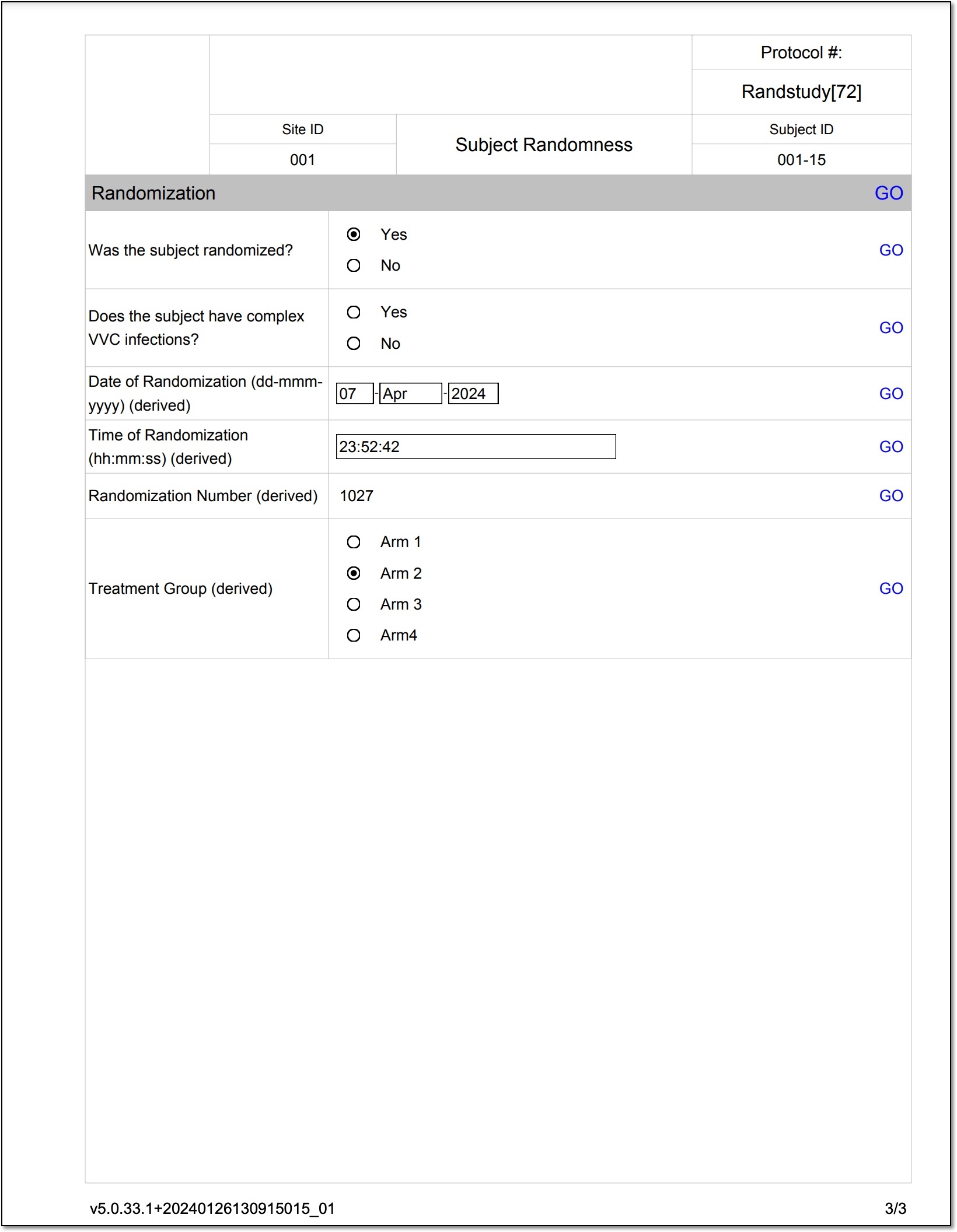 Example of printed subject form