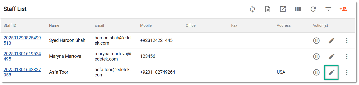 Selecting option to edit staff member