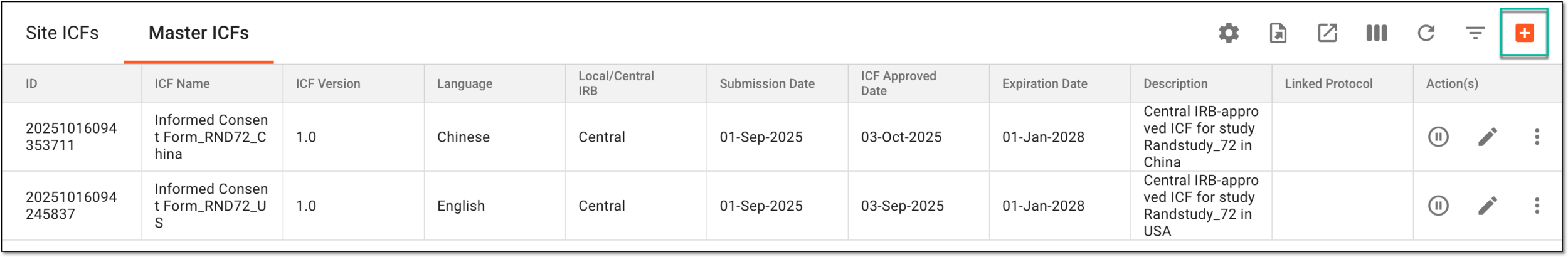 Selecting to add new master ICF listing record