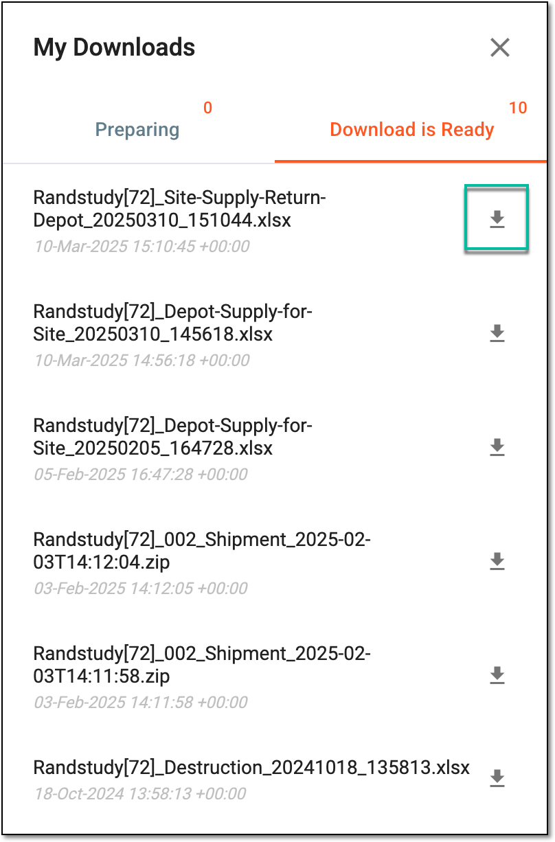 Downloading exported supply and return depot list for sites