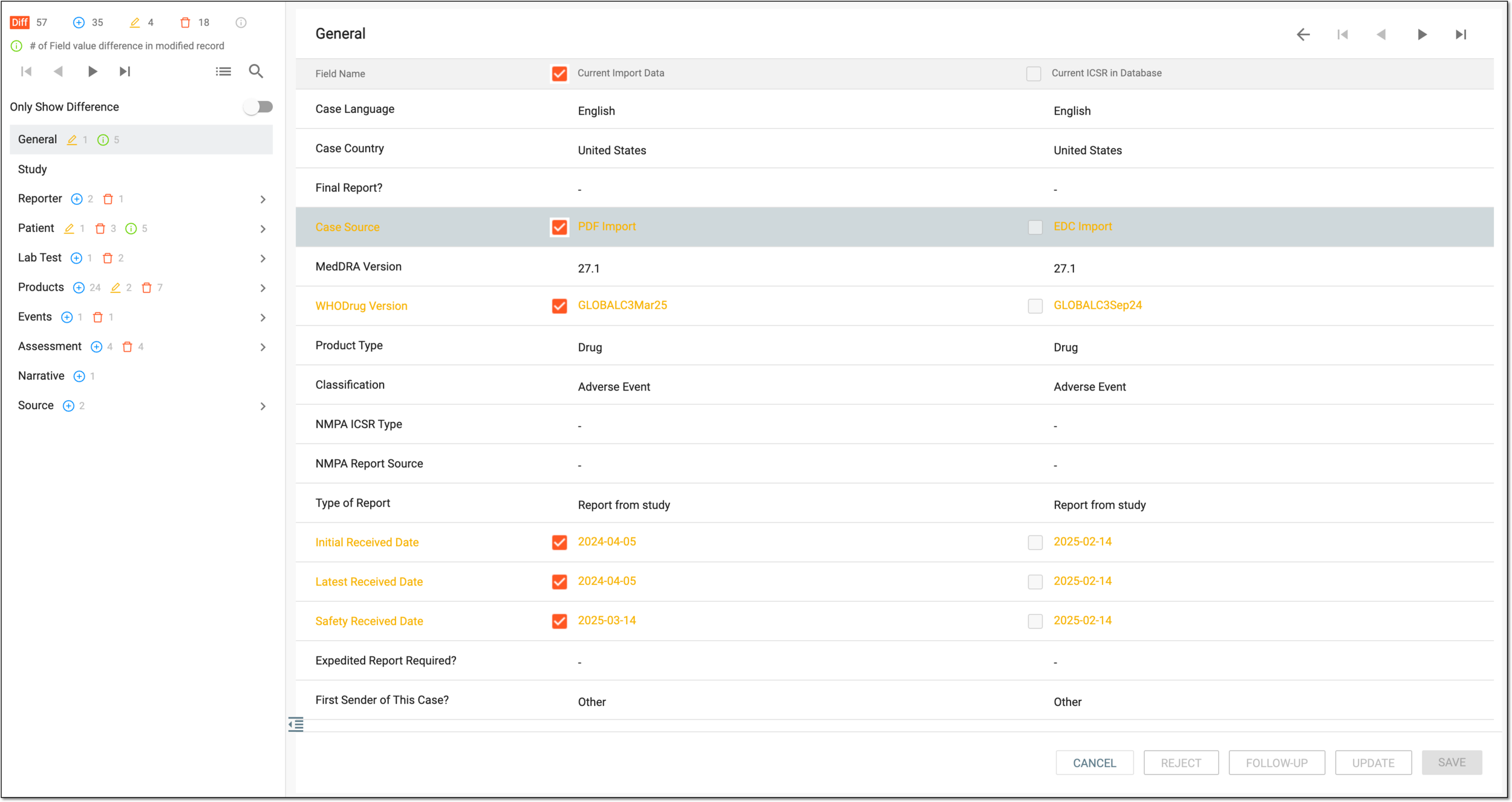 Assessing differences between uploaded and processed data