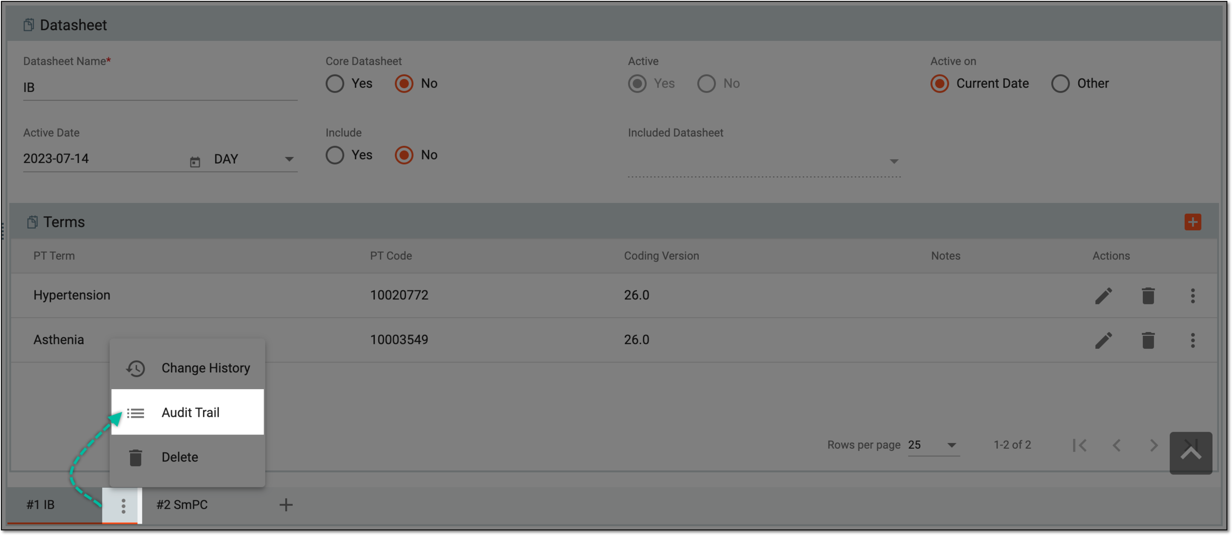 Accessing data sheet audit trail