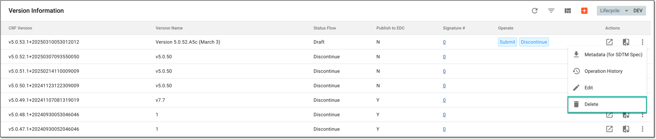 Selecting to delete CRF version