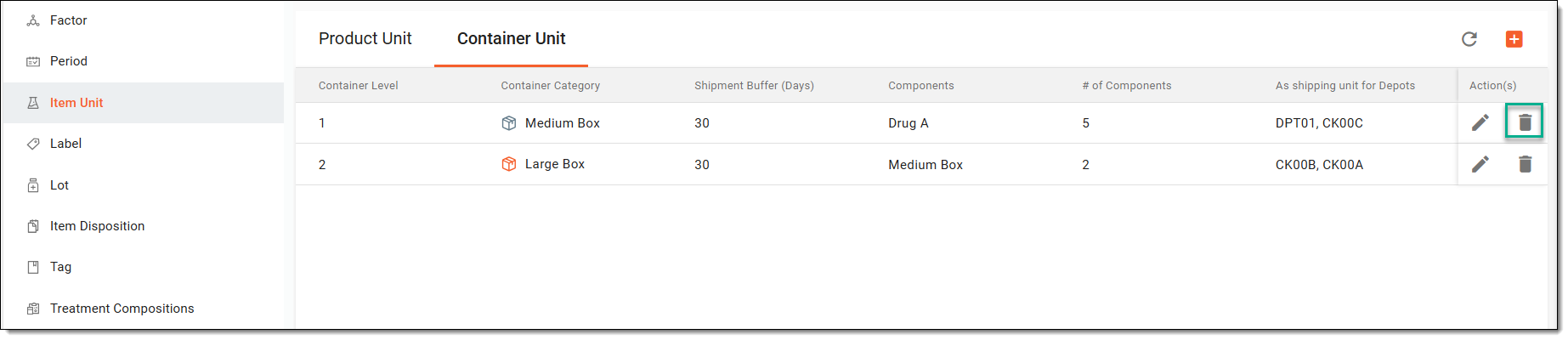 Deleting container unit