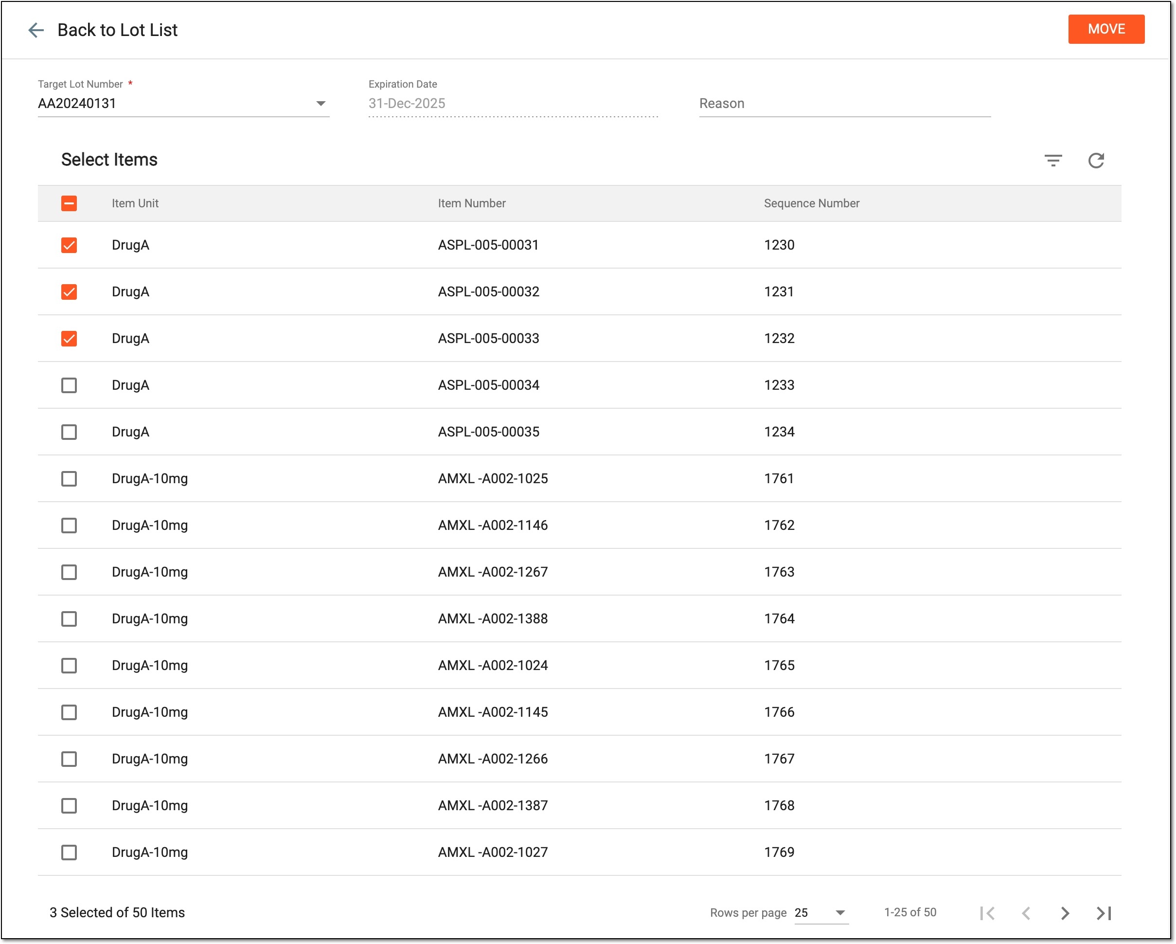 Selecting items to move and target lot