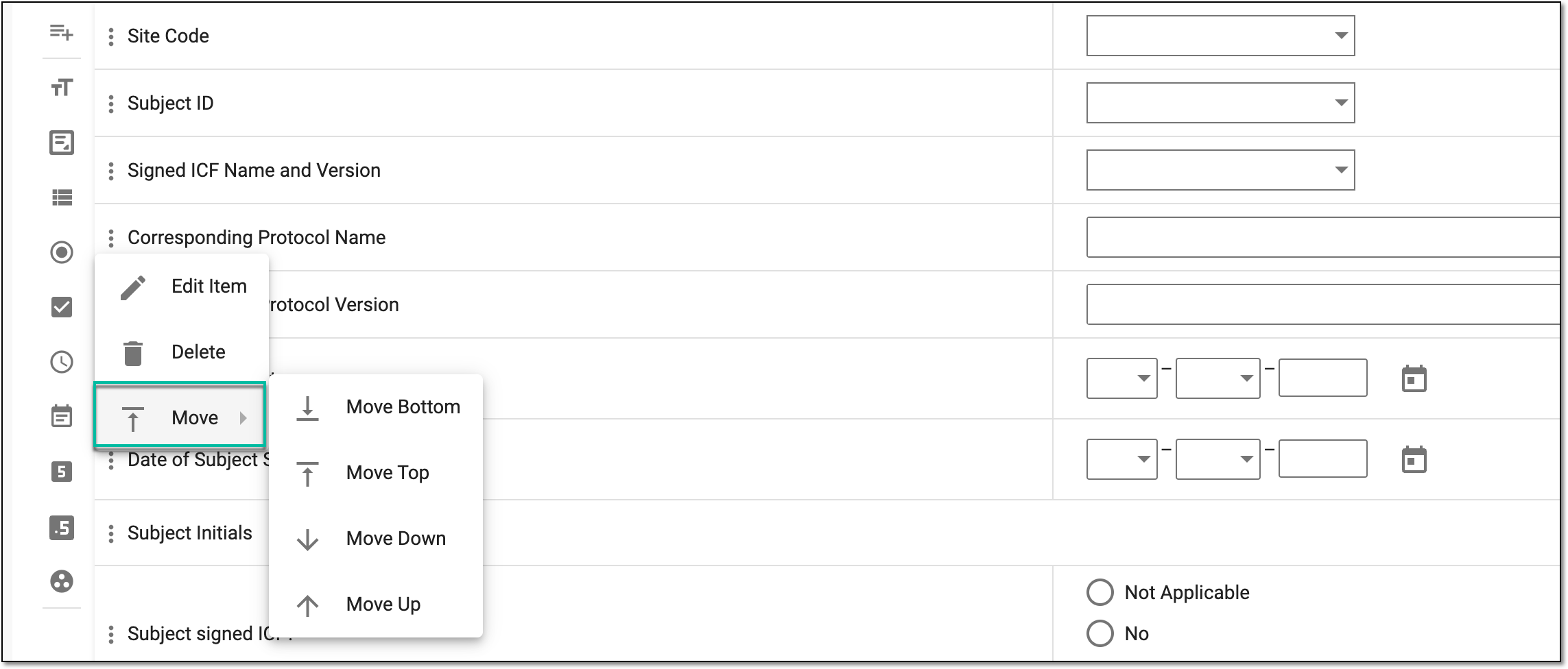 Selecting option to move question