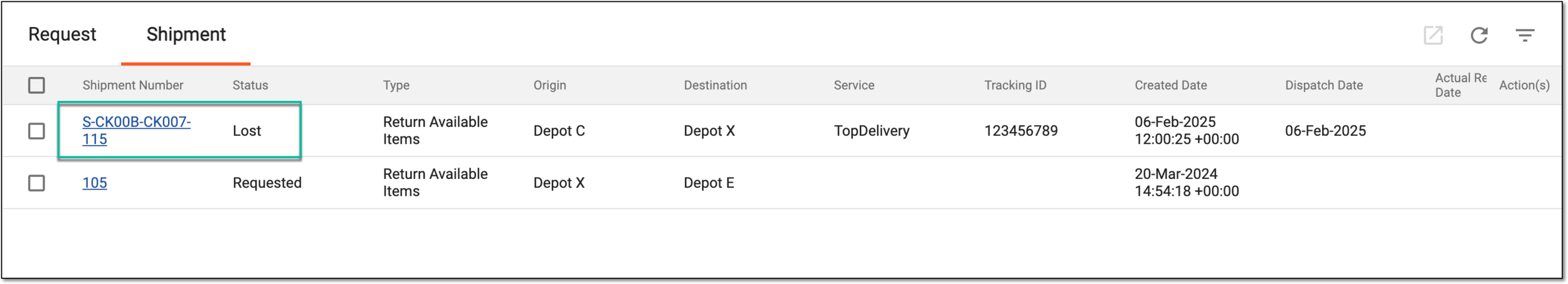 Selecting lost shipment for status revert