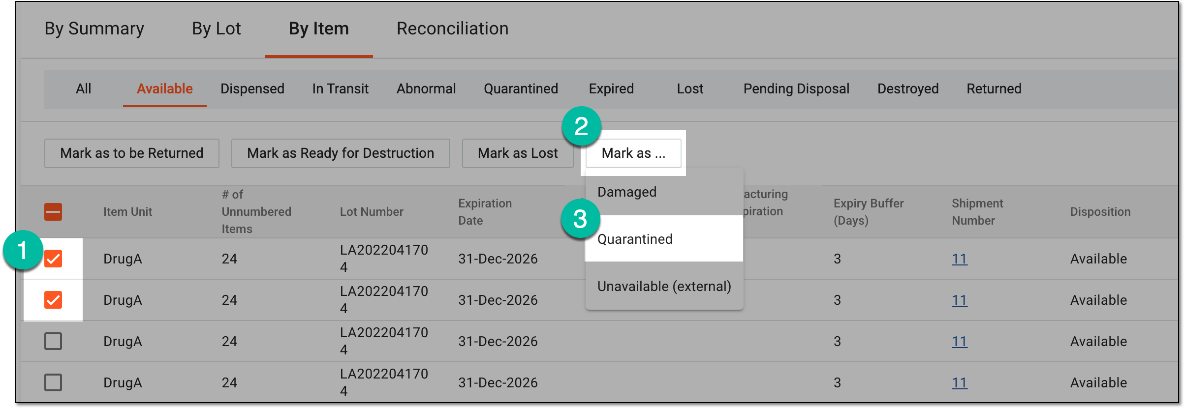 Marking site inventory items as quarantined