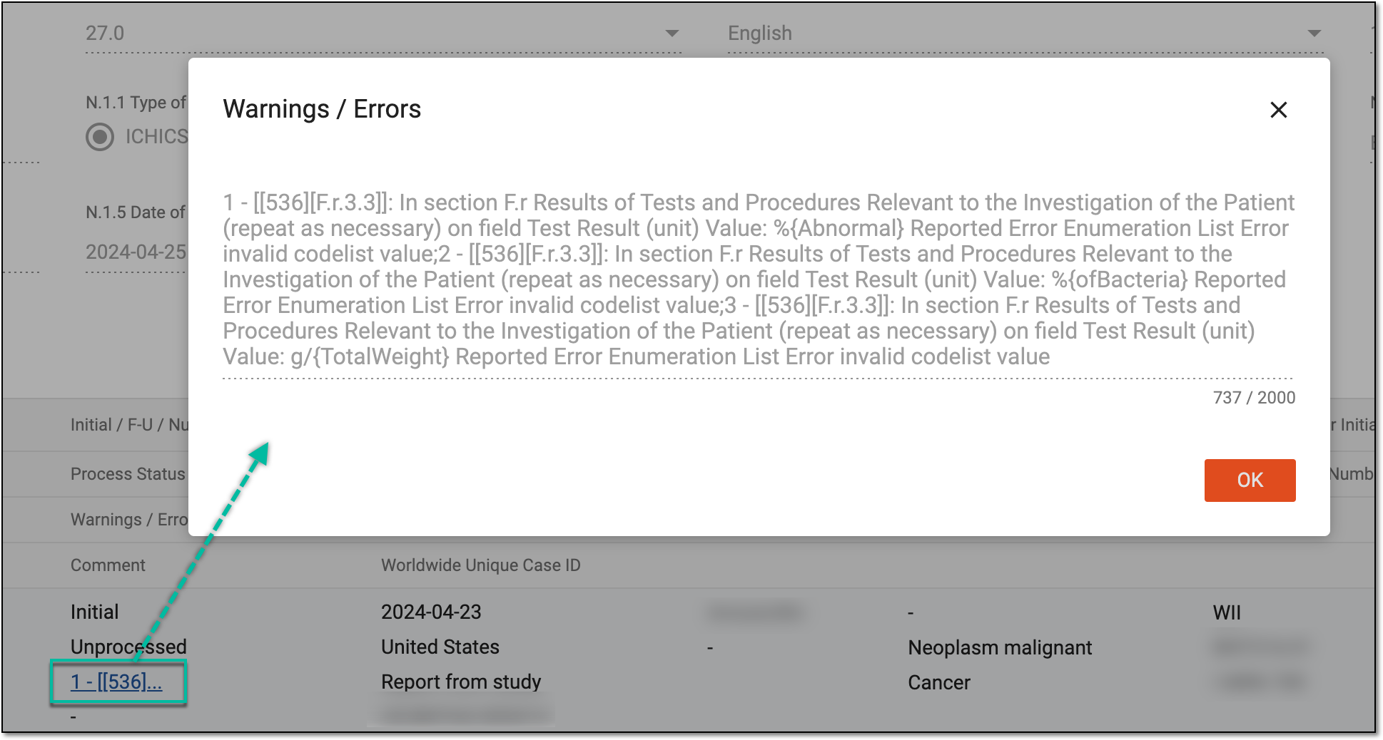 Reviewing processing warning