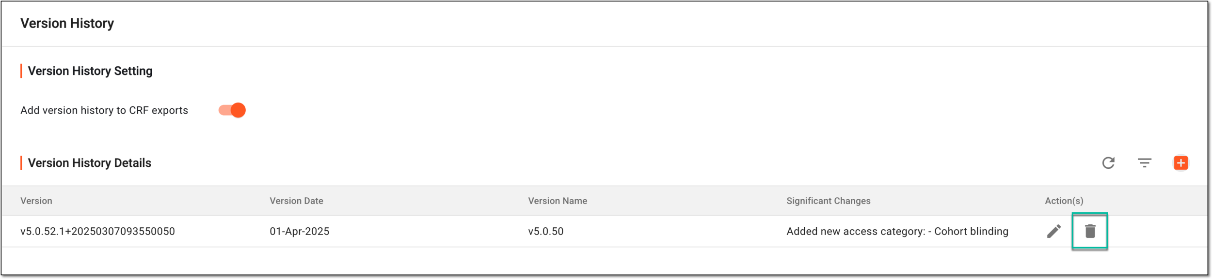 Selecting to delete version history record