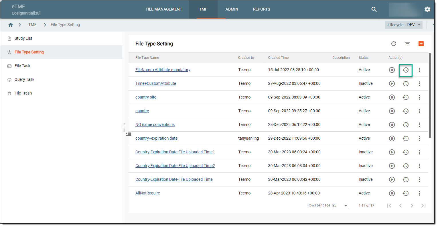 Accessing file type operation history