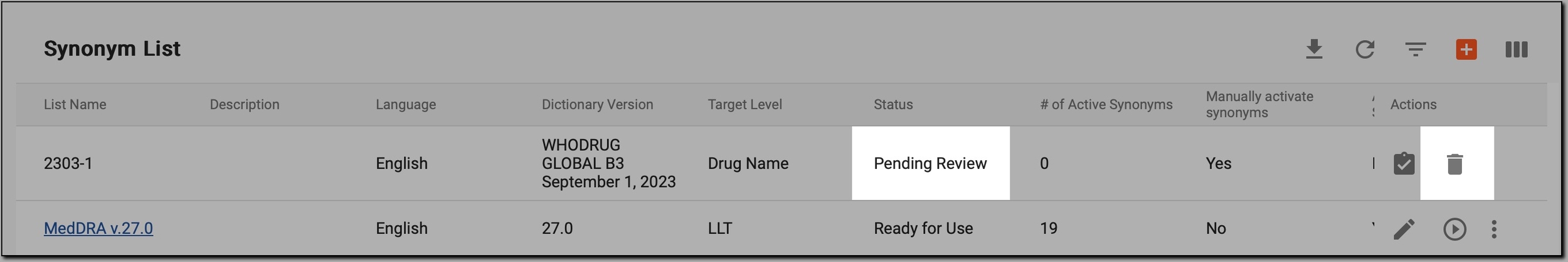 Deleting synonym list in Pending Review status