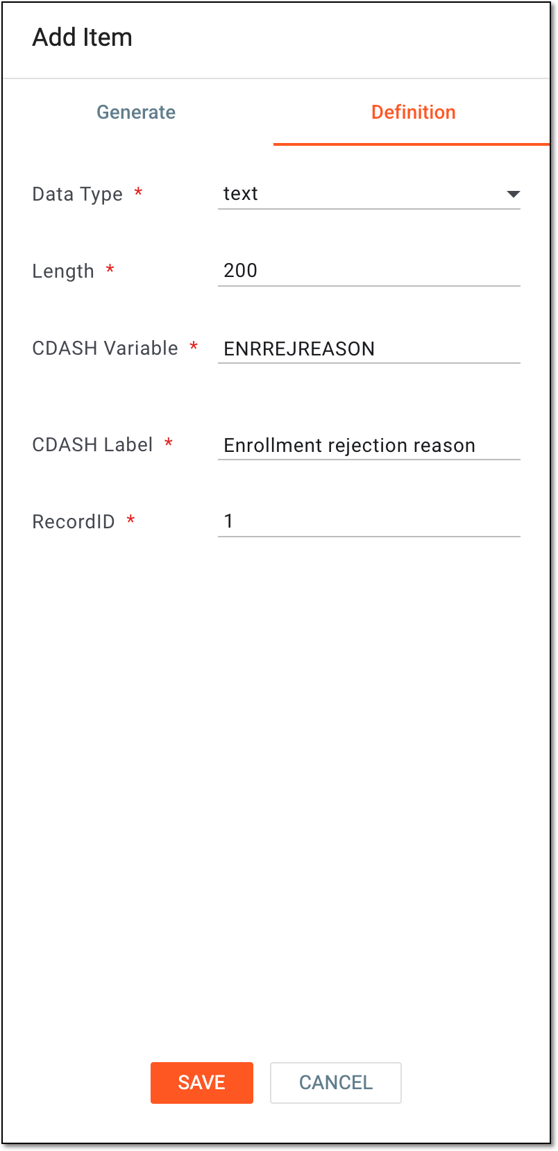 Specifying variable definition for text item